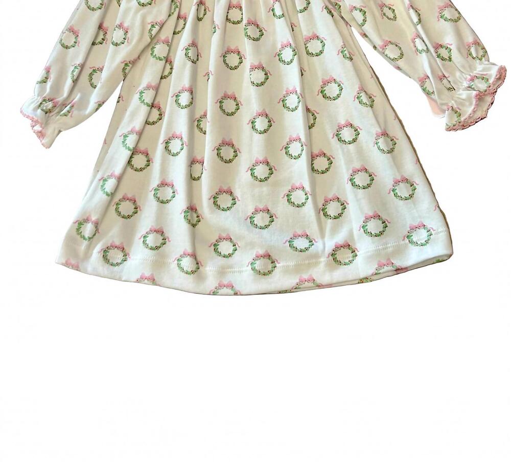 NEW PETIT BEBE girl's holiday wreath smocked knit bishop dress in white/pink